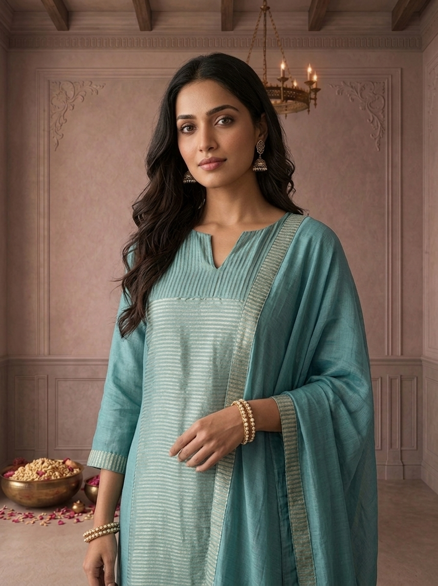 Sky Blue Tissue Zari Stripes Printed Three Piece Set