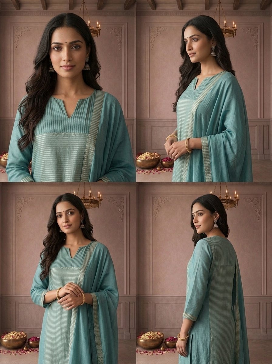 Sky Blue Tissue Zari Stripes Printed Three Piece Set