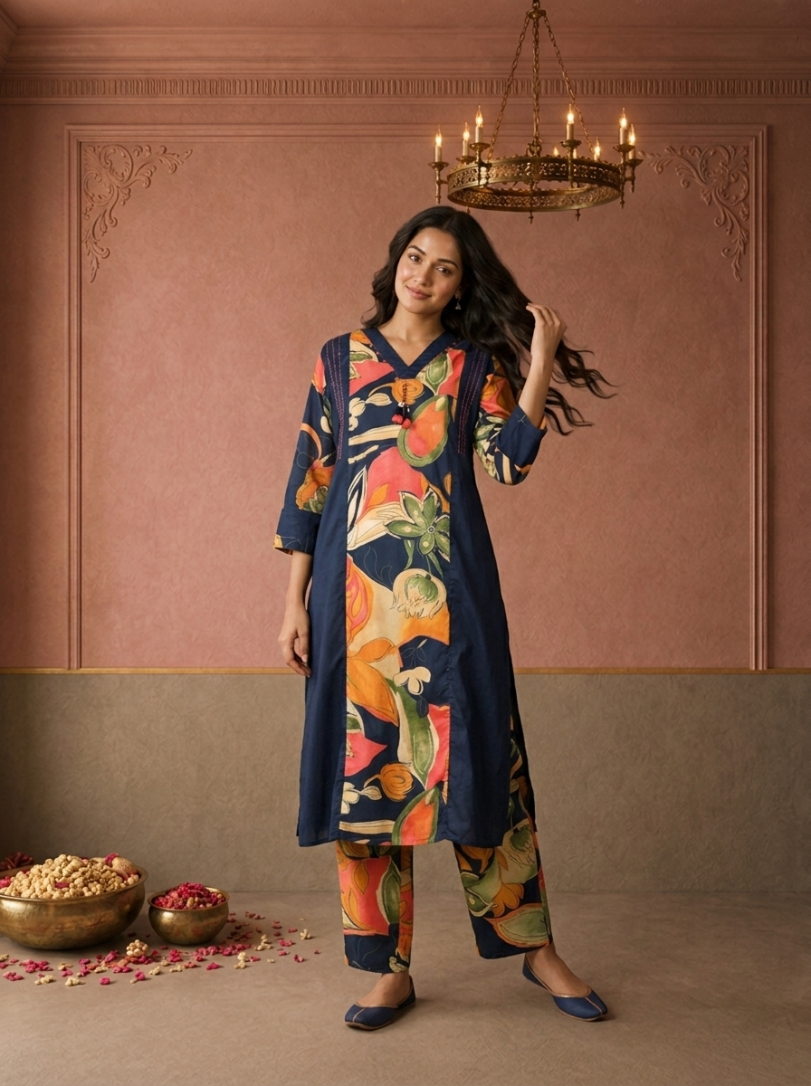 Navy Blue Cotton Tropical Floral Printed Two Piece Set