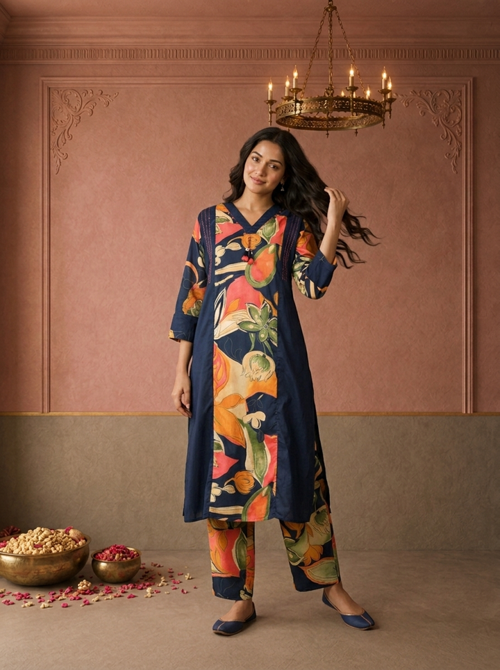 Navy Blue Cotton Tropical Floral Printed Two Piece Set
