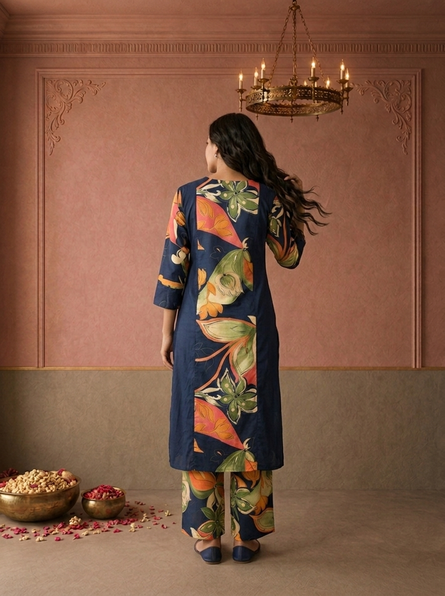 Navy Blue Cotton Tropical Floral Printed Two Piece Set