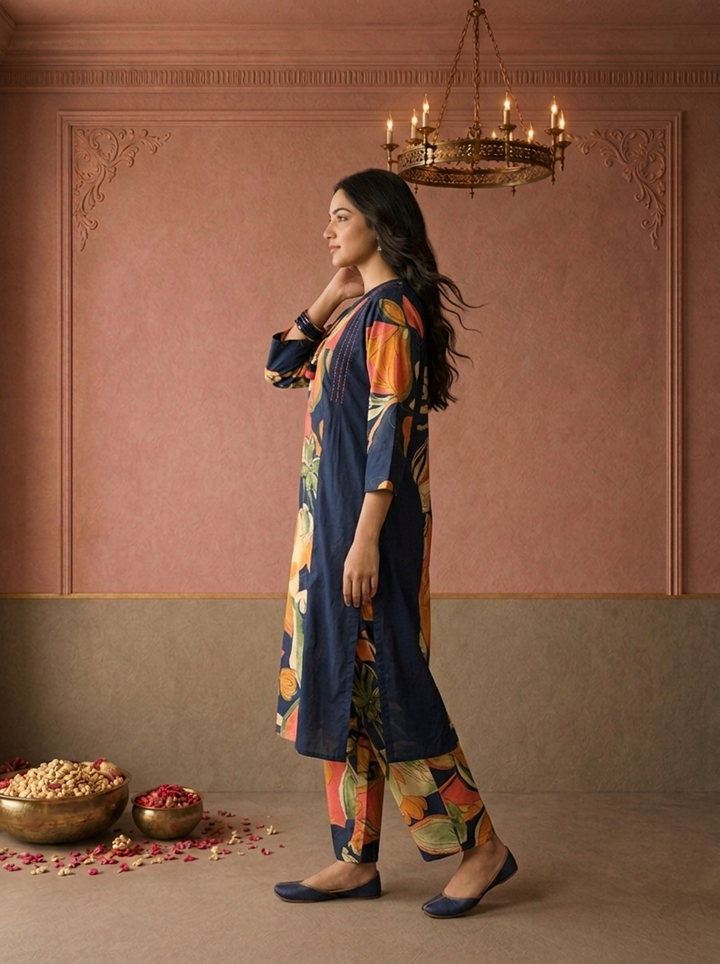 Navy Blue Cotton Tropical Floral Printed Two Piece Set
