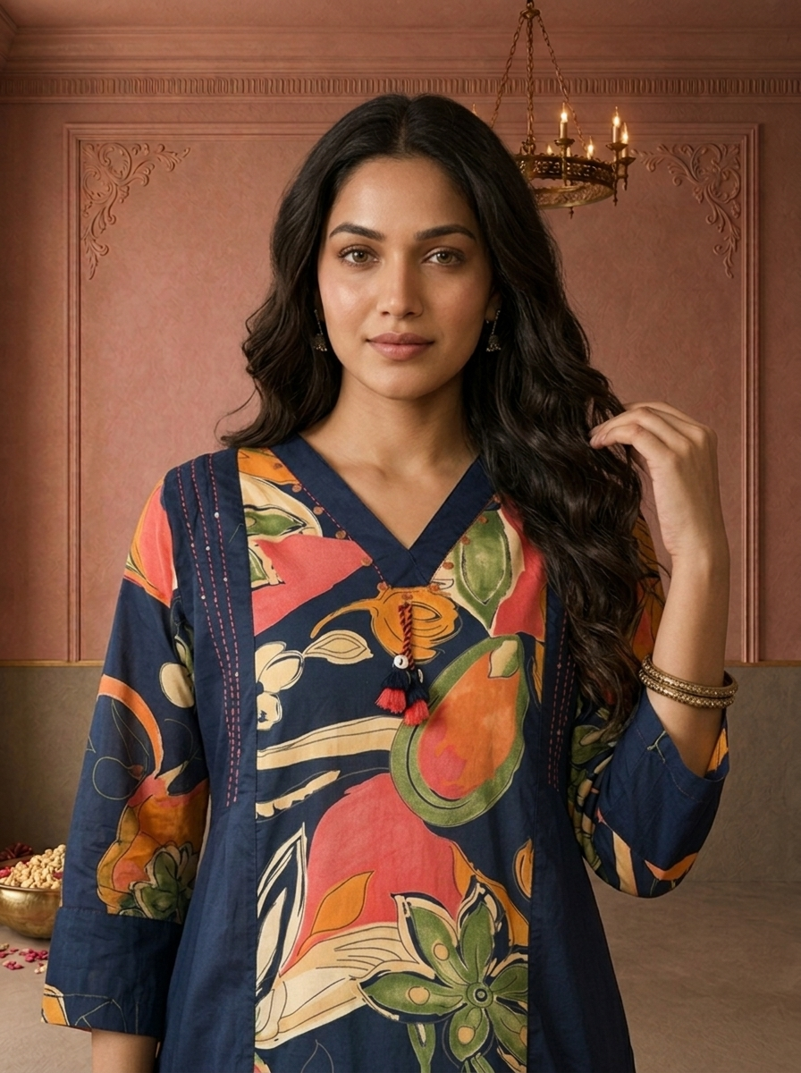 Navy Blue Cotton Tropical Floral Printed Two Piece Set