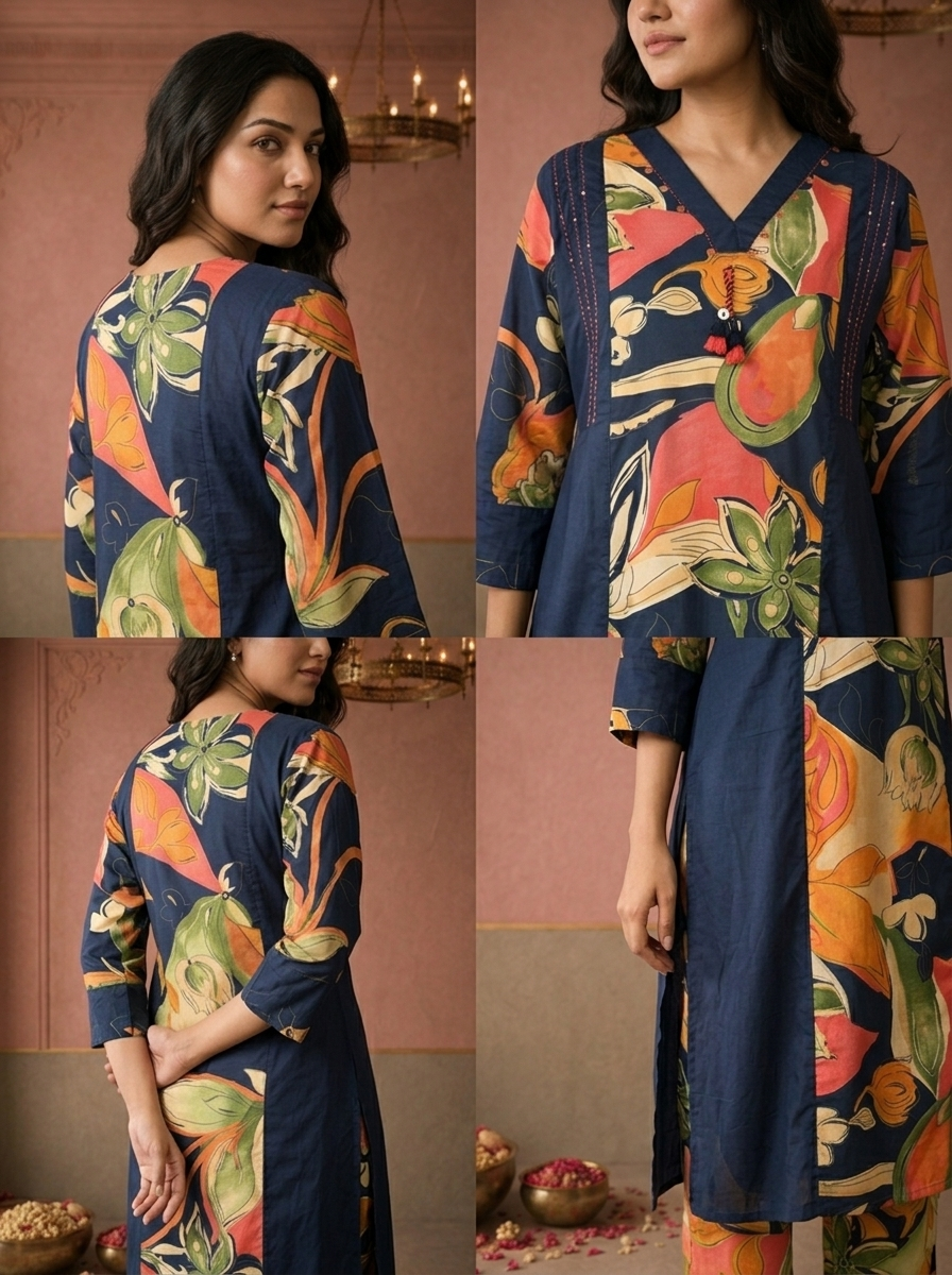 Navy Blue Cotton Tropical Floral Printed Two Piece Set