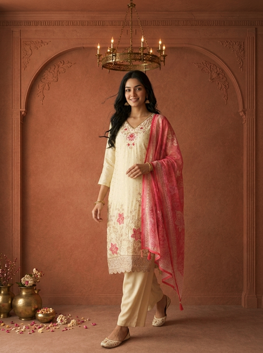 Rose Tissue Small Butis With Floral Embroidered Three Piece Set