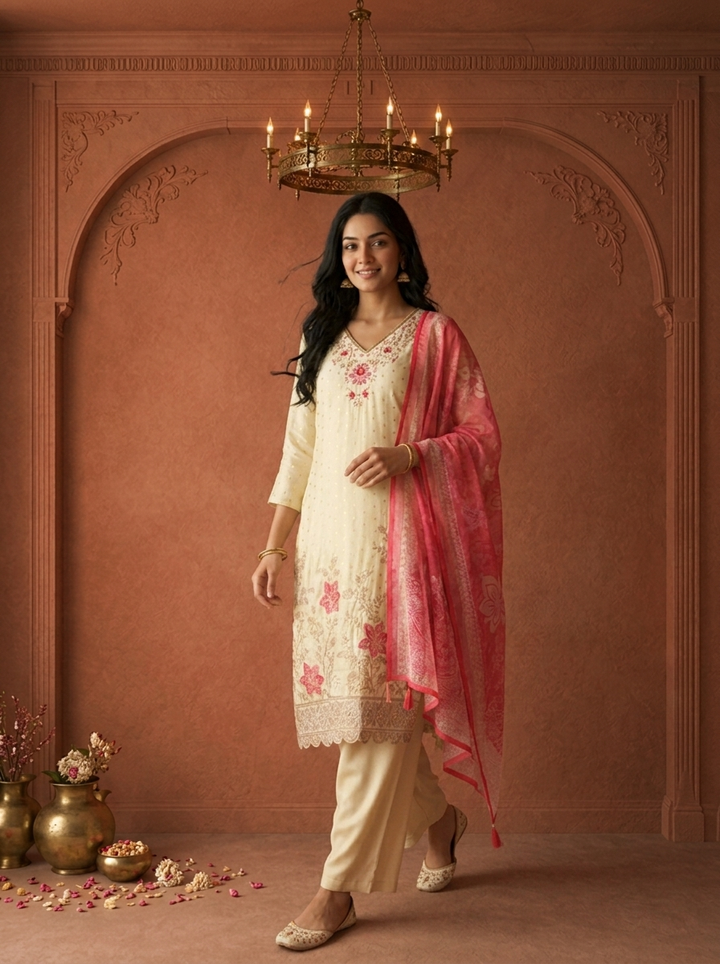 Rose Tissue Small Butis With Floral Embroidered Three Piece Set