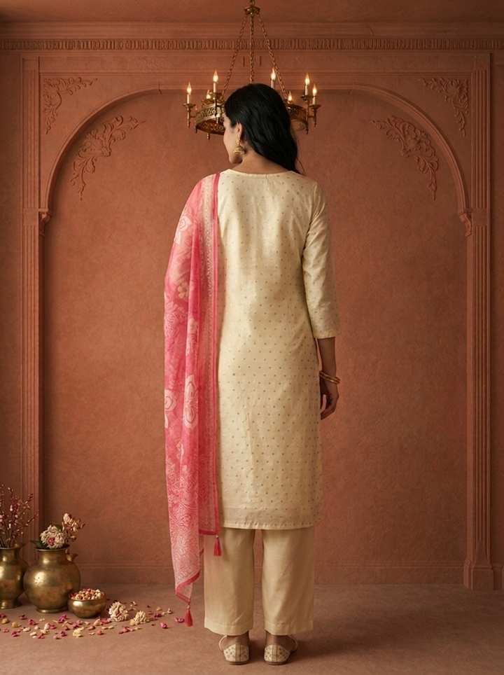 Rose Tissue Small Butis With Floral Embroidered Three Piece Set