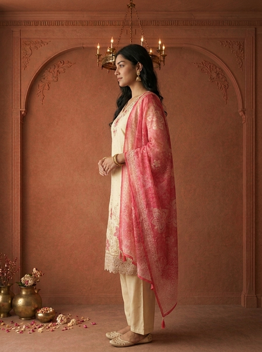 Rose Tissue Small Butis With Floral Embroidered Three Piece Set