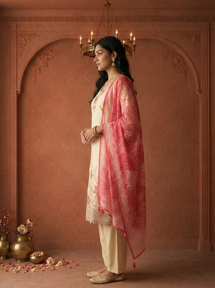 Rose Tissue Small Butis With Floral Embroidered Three Piece Set