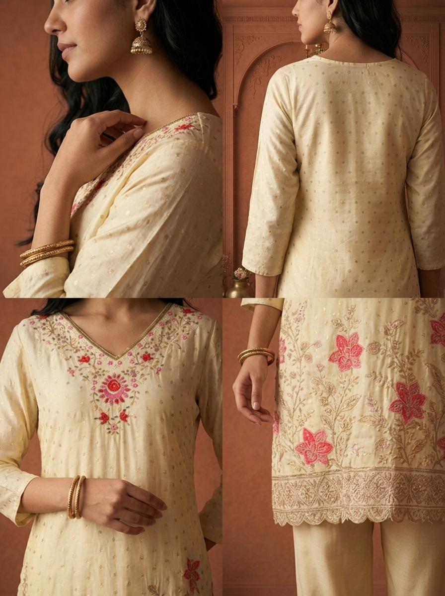 Rose Tissue Small Butis With Floral Embroidered Three Piece Set