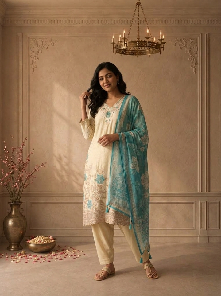 Green Tissue Small Butis With Floral Embroidered Three Piece Set