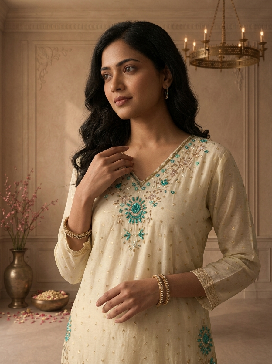 Green Tissue Small Butis With Floral Embroidered Three Piece Set