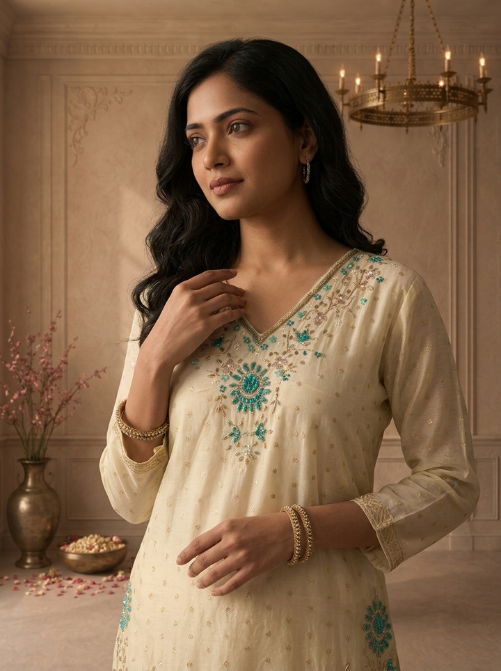 Green Tissue Small Butis With Floral Embroidered Three Piece Set