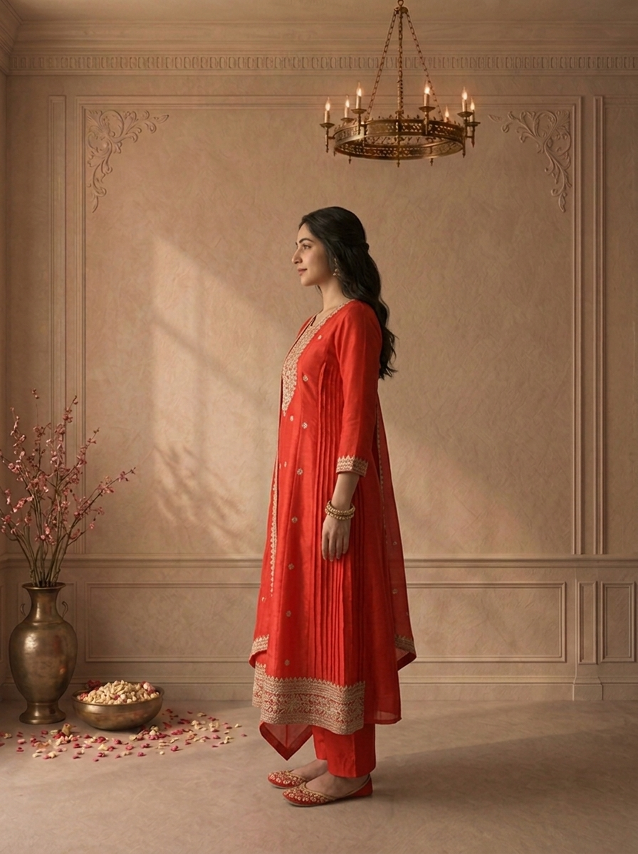 Red Silk Heavy Gold Zari Embroidered Three Piece Set