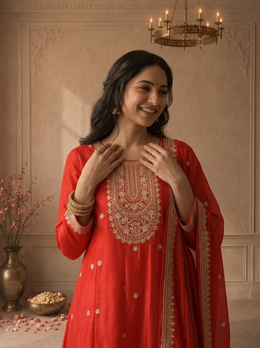 Red Silk Heavy Gold Zari Embroidered Three Piece Set