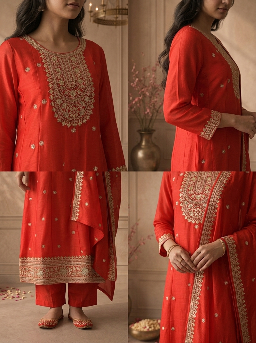 Red Silk Heavy Gold Zari Embroidered Three Piece Set