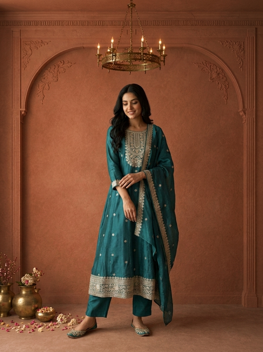 Teal Blue Silk Heavy Gold Zari Embroidered Three Piece Set
