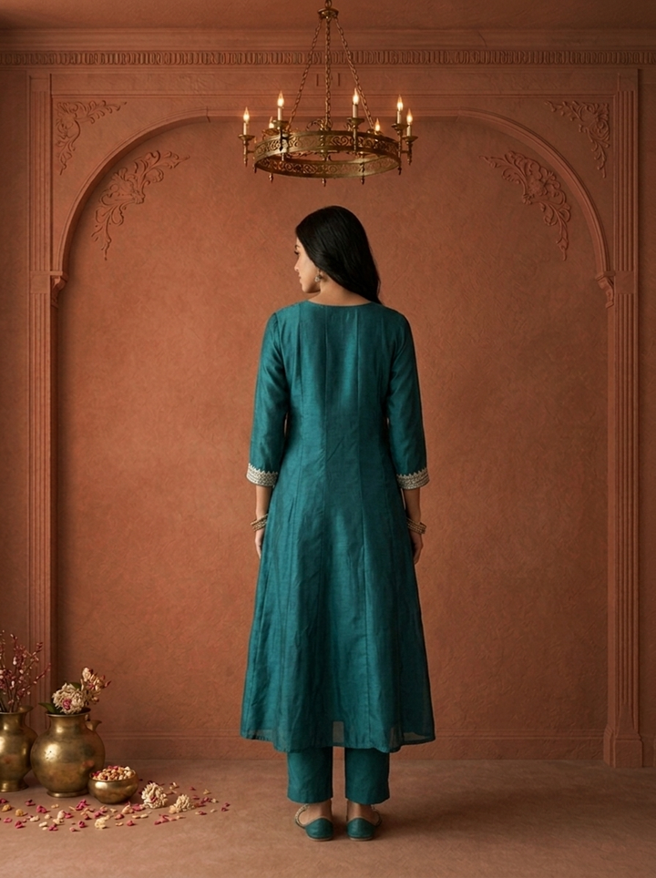 Teal Blue Silk Heavy Gold Zari Embroidered Three Piece Set