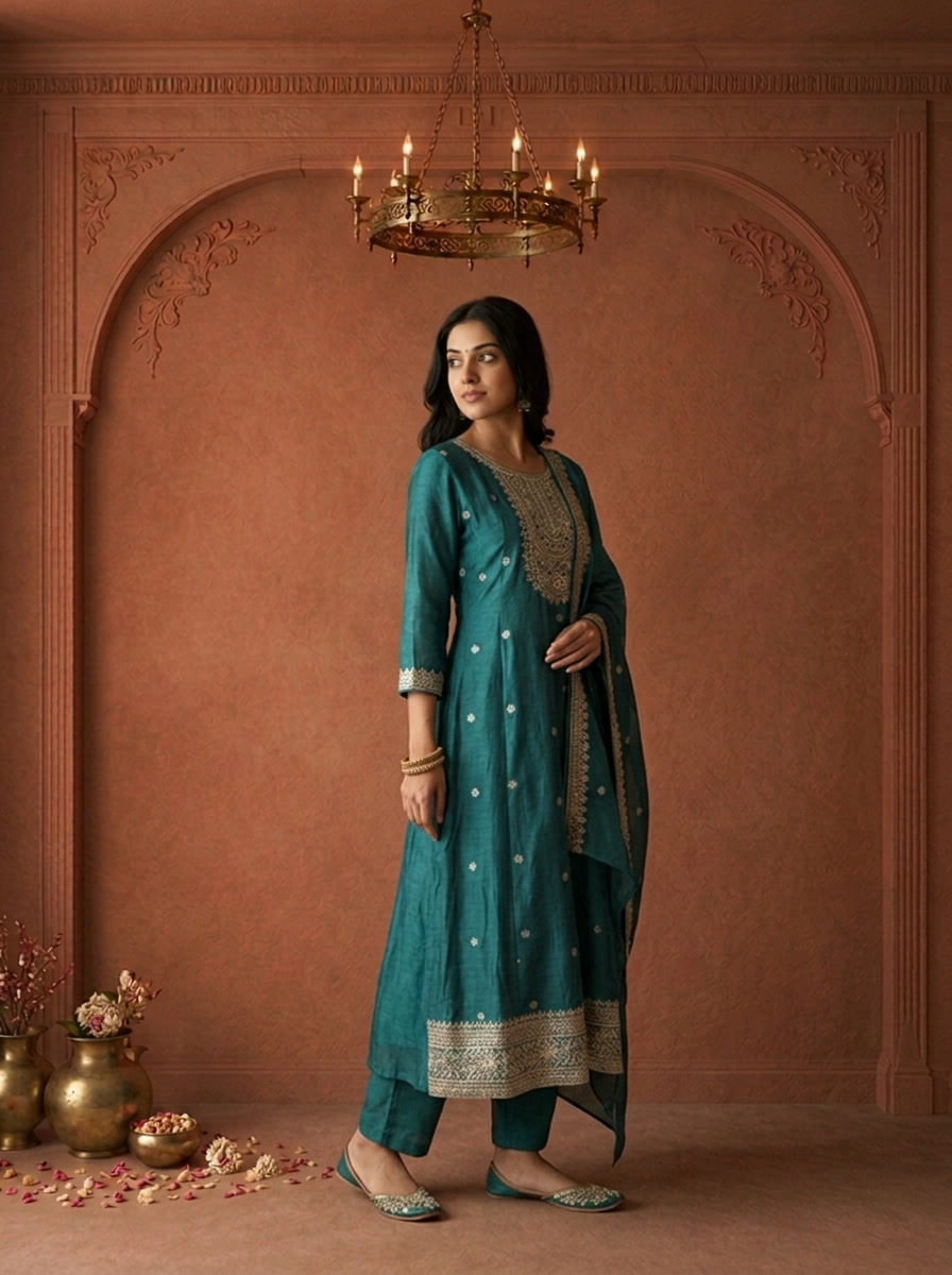 Teal Blue Silk Heavy Gold Zari Embroidered Three Piece Set