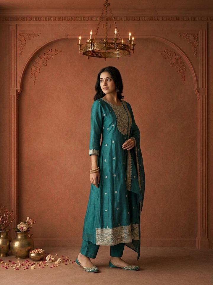 Teal Blue Silk Heavy Gold Zari Embroidered Three Piece Set