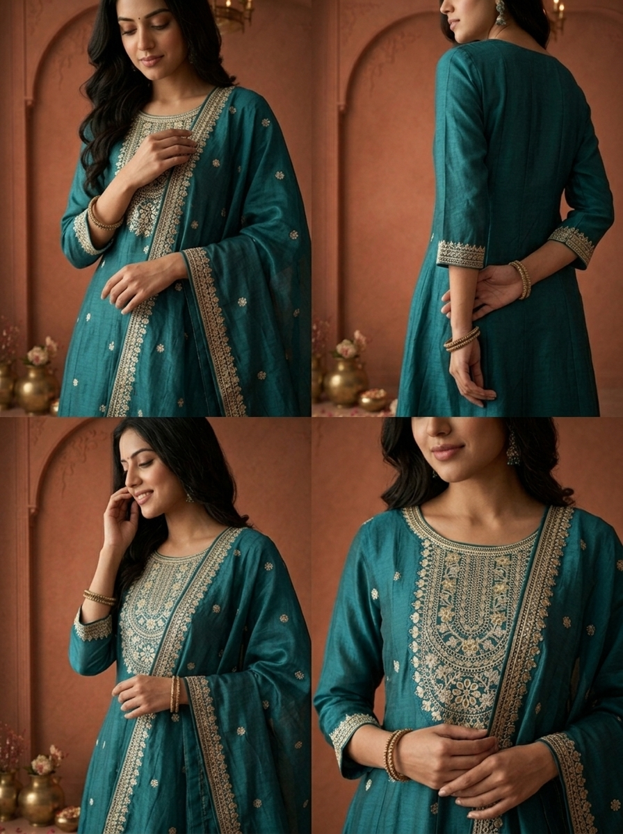 Teal Blue Silk Heavy Gold Zari Embroidered Three Piece Set