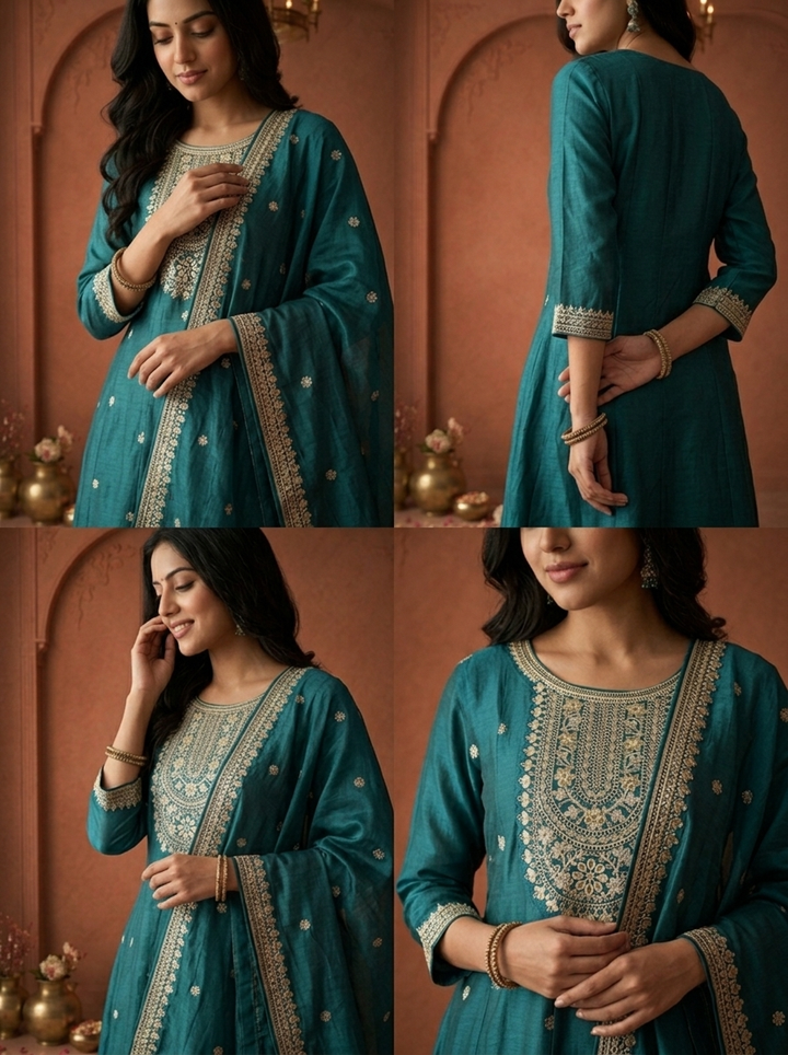 Teal Blue Silk Heavy Gold Zari Embroidered Three Piece Set
