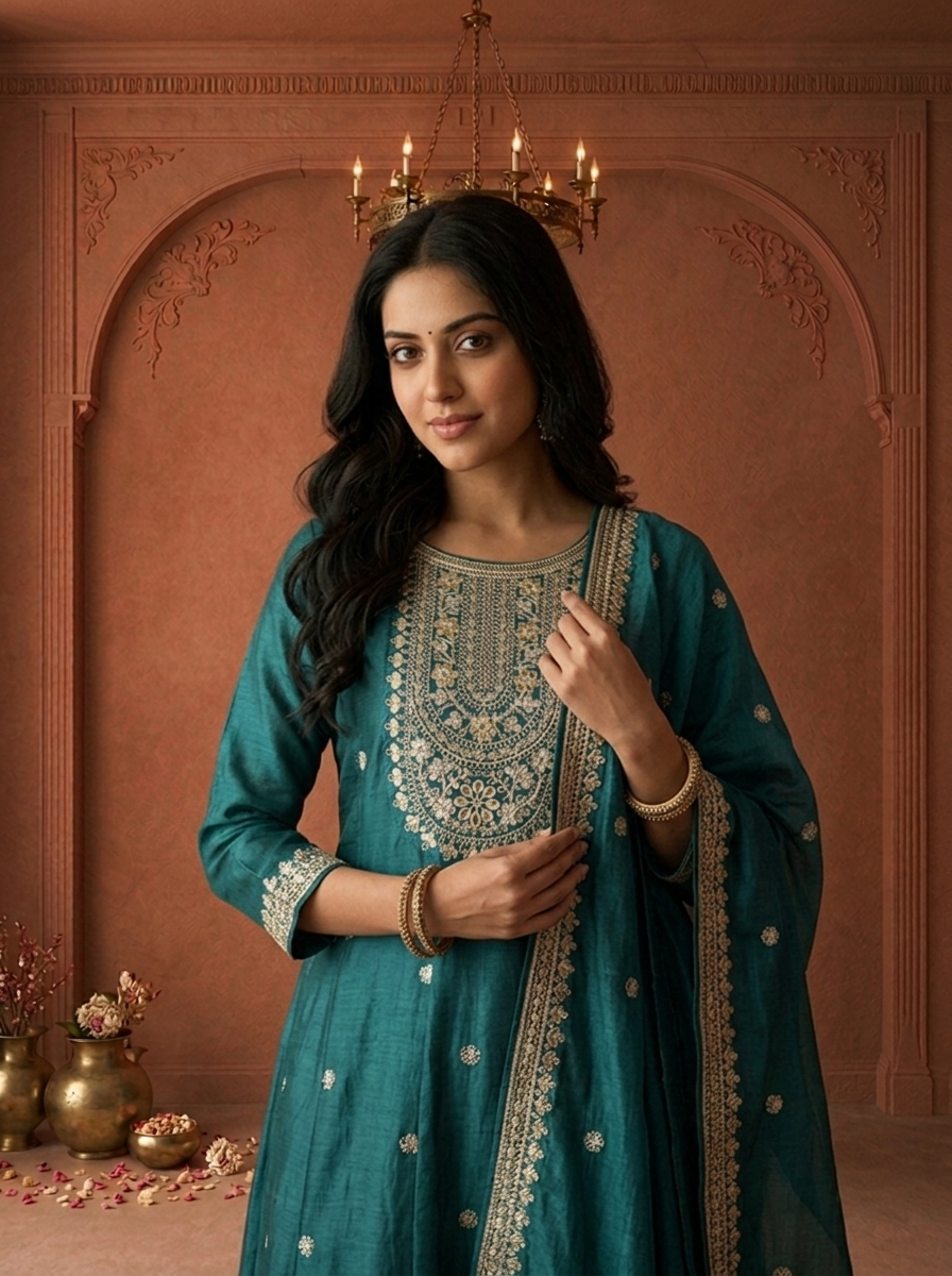 Teal Blue Silk Heavy Gold Zari Embroidered Three Piece Set