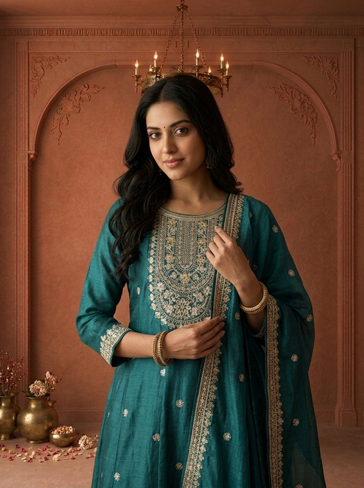 Teal Blue Silk Heavy Gold Zari Embroidered Three Piece Set