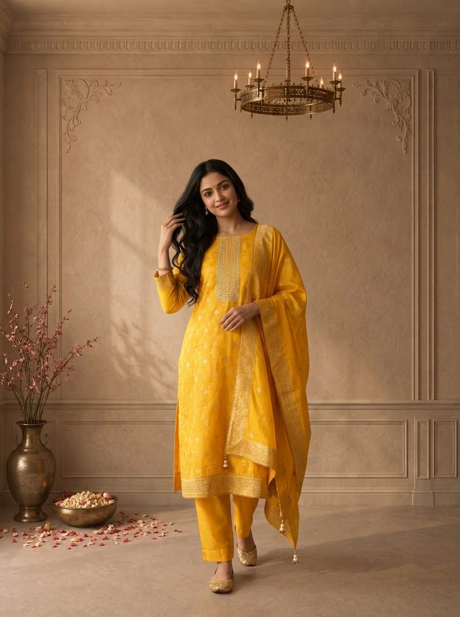 Yellow Banaras Floral Jaal Printed Three Piece Set
