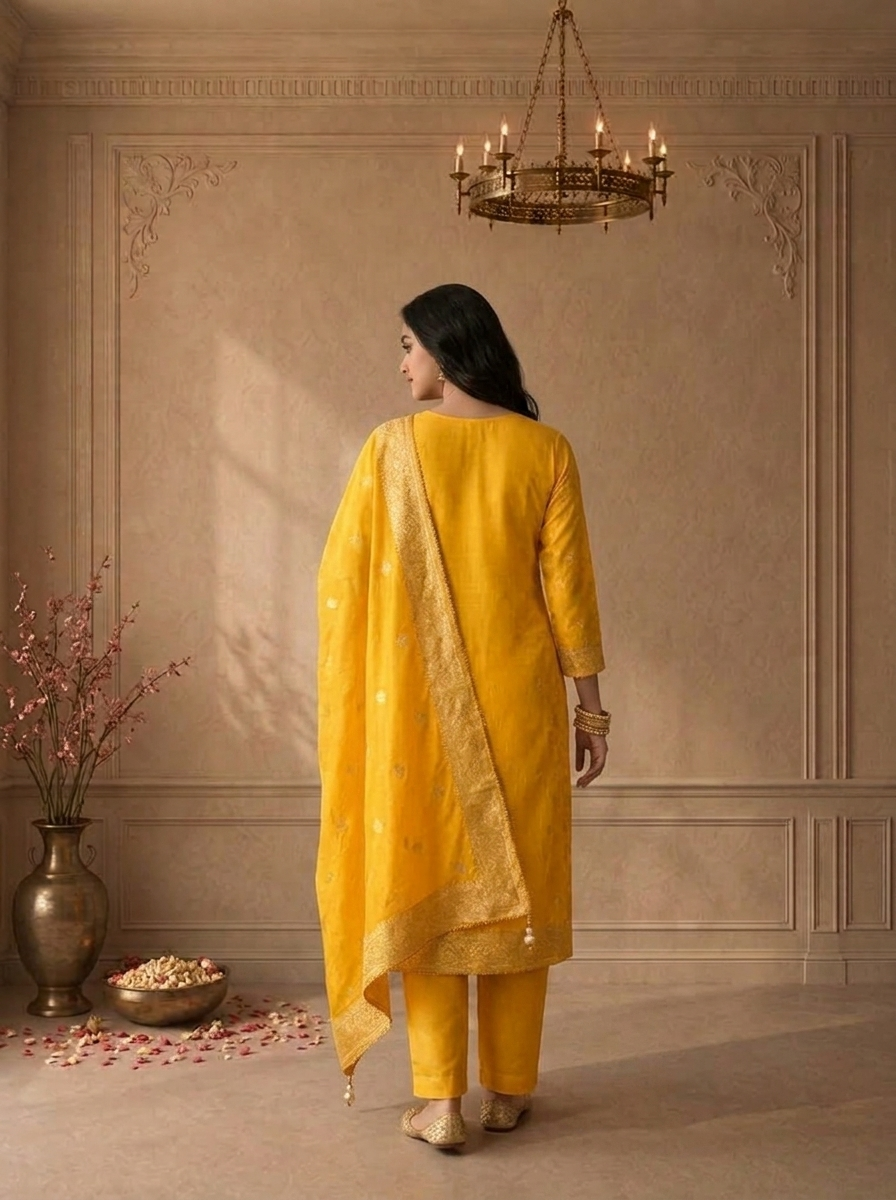 Yellow Banaras Floral Jaal Printed Three Piece Set