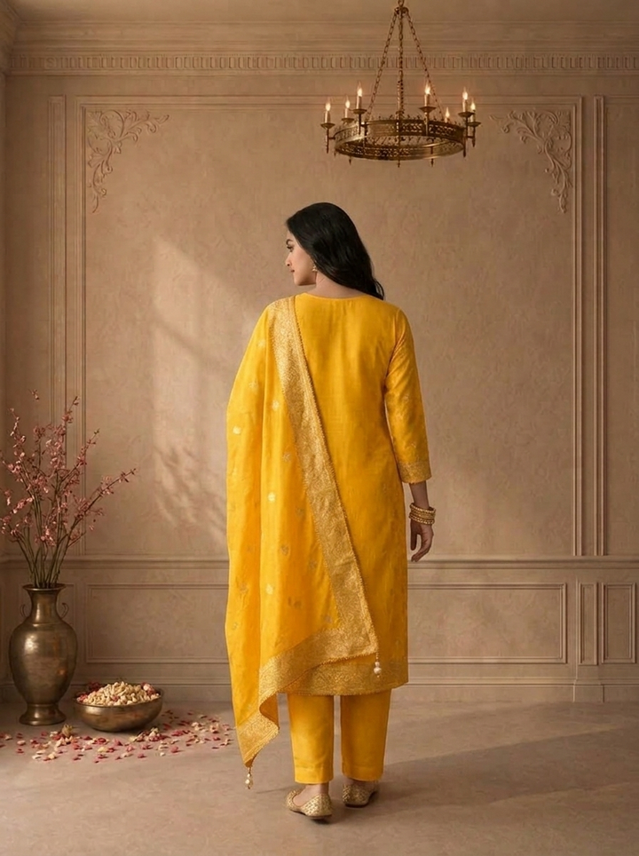 Yellow Banaras Floral Jaal Printed Three Piece Set