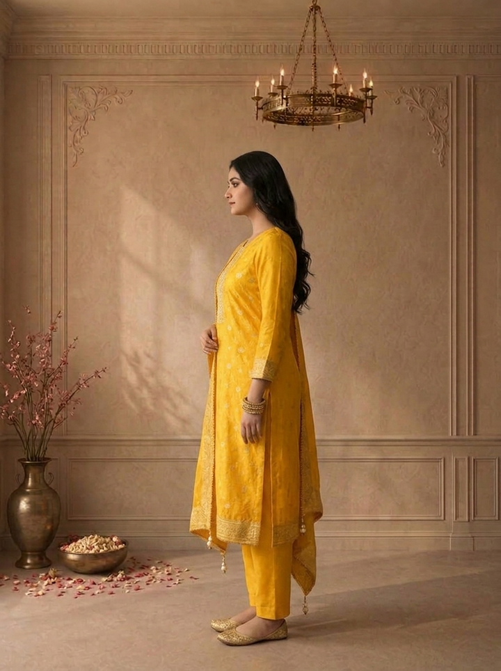 Yellow Banaras Floral Jaal Printed Three Piece Set