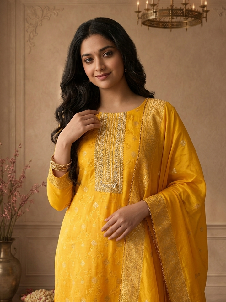 Yellow Banaras Floral Jaal Printed Three Piece Set