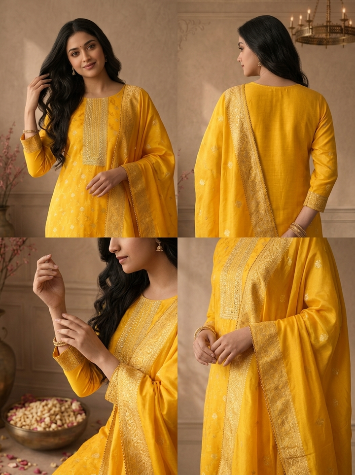 Yellow Banaras Floral Jaal Printed Three Piece Set
