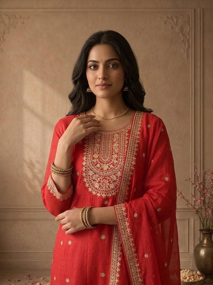 Magenta Silk Heavy Gold Zari Embroidered Three Piece Set