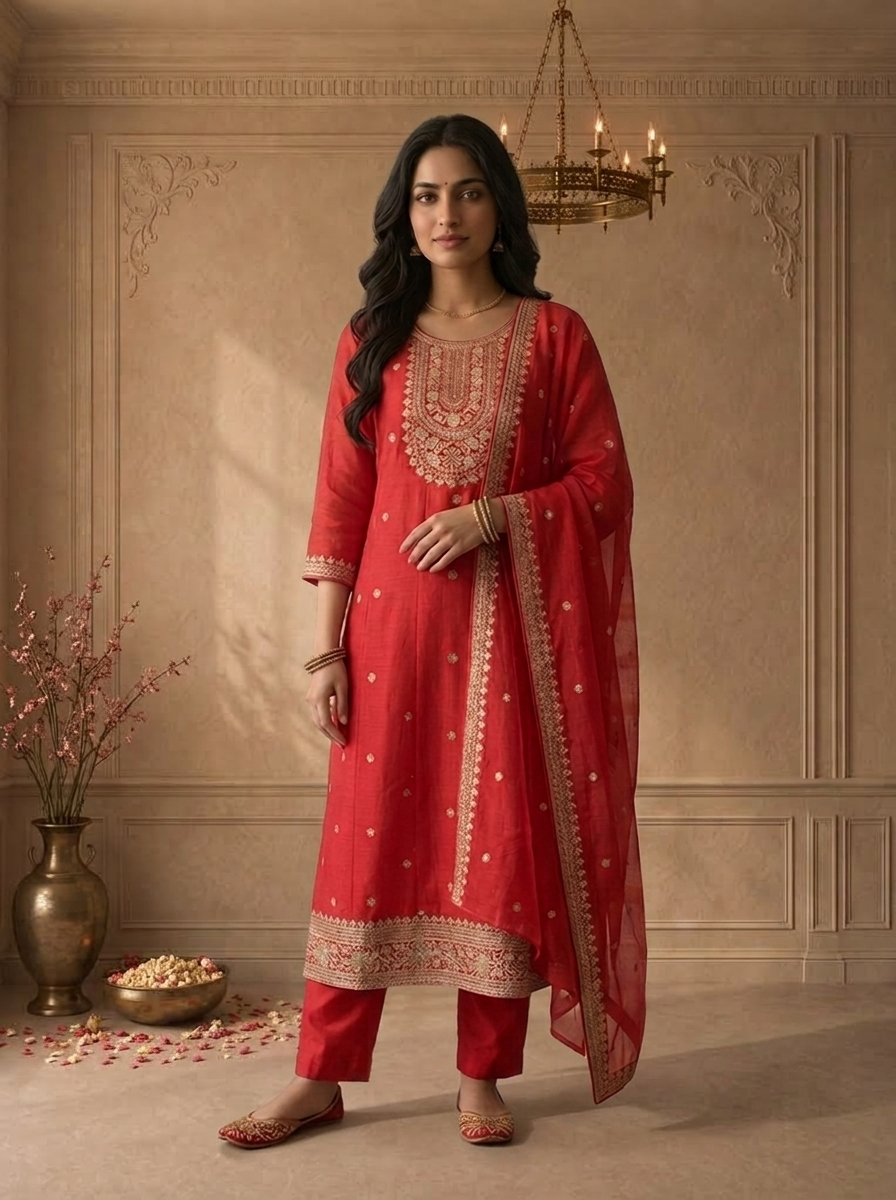 Magenta Silk Heavy Gold Zari Embroidered Three Piece Set