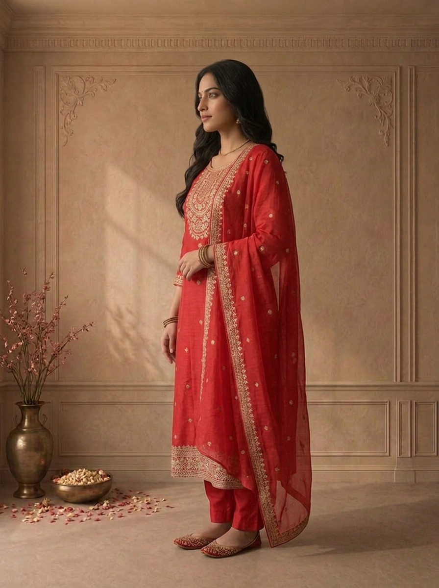 Magenta Silk Heavy Gold Zari Embroidered Three Piece Set