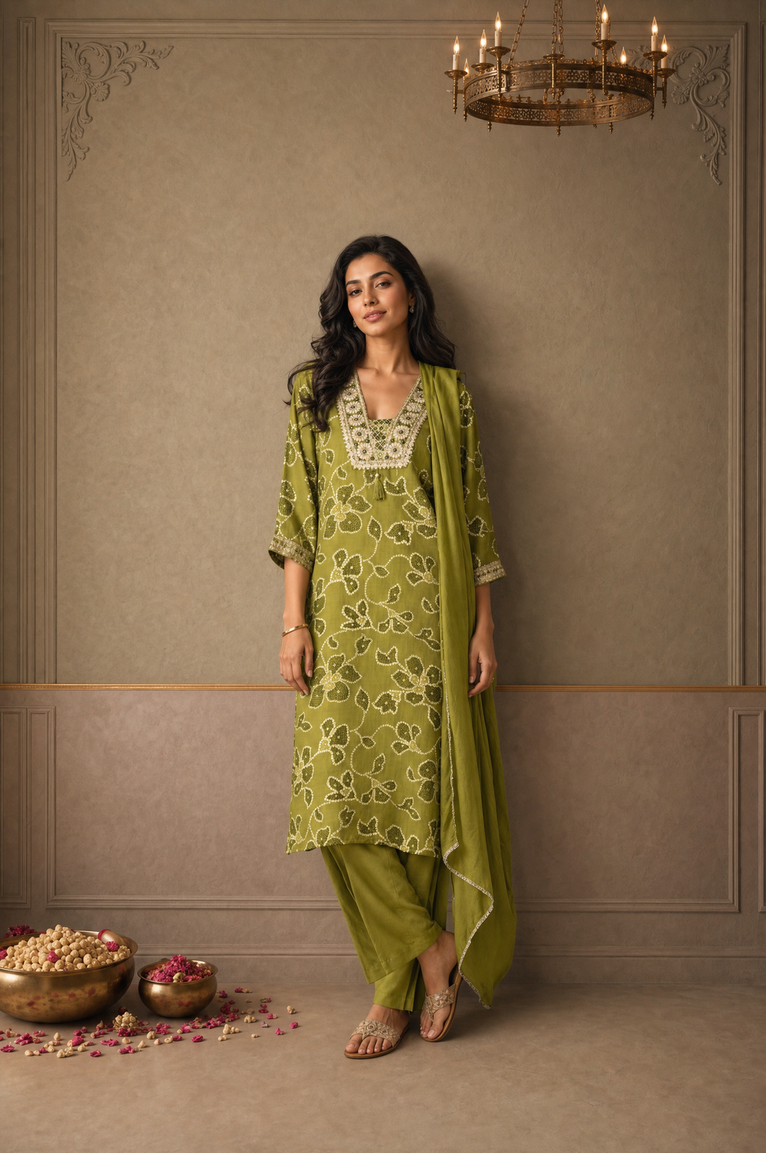 Mehadi Green Rayon Bandhani Floral Printed Three Piece Set