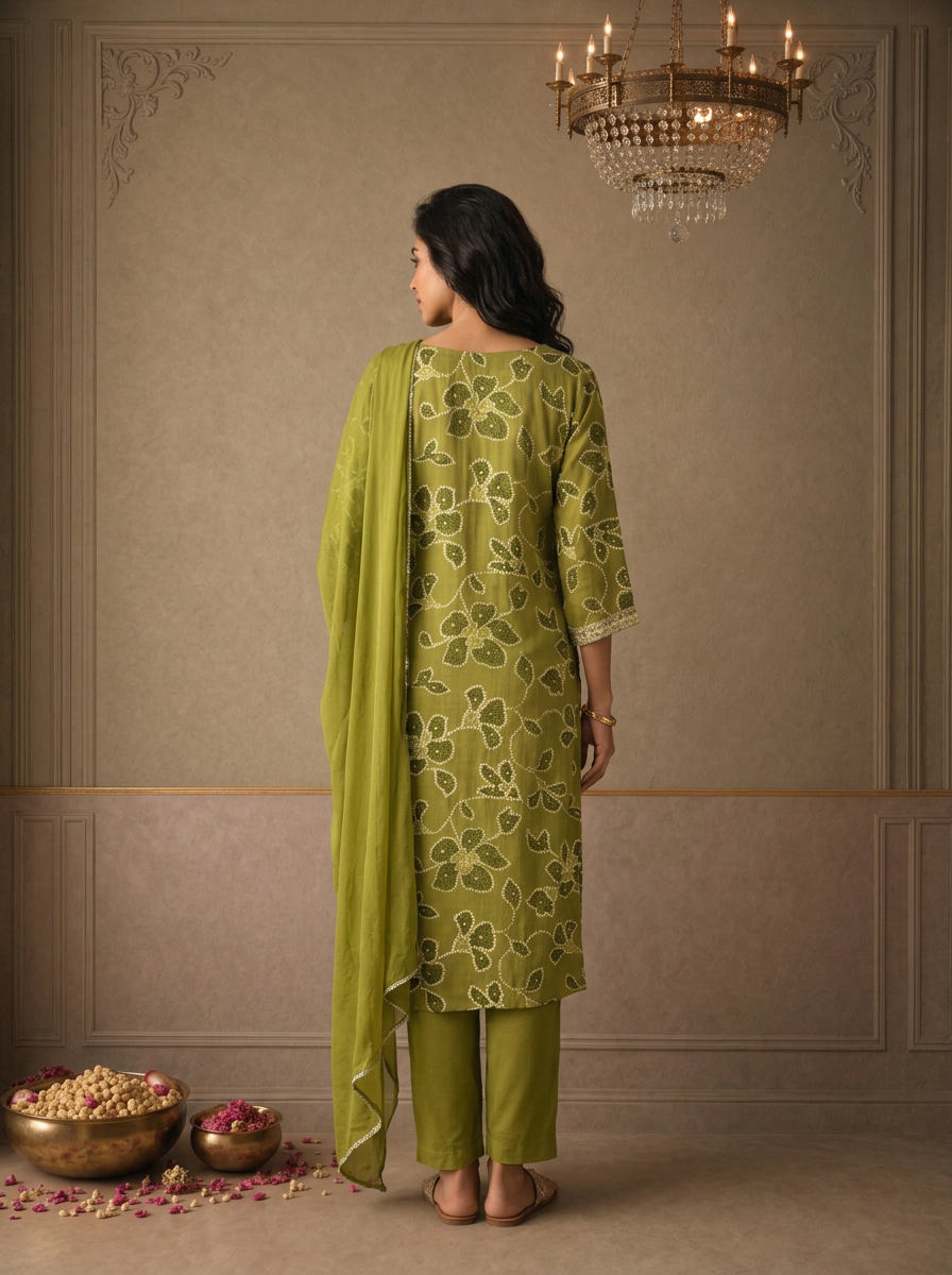 Mehadi Green Rayon Bandhani Floral Printed Three Piece Set