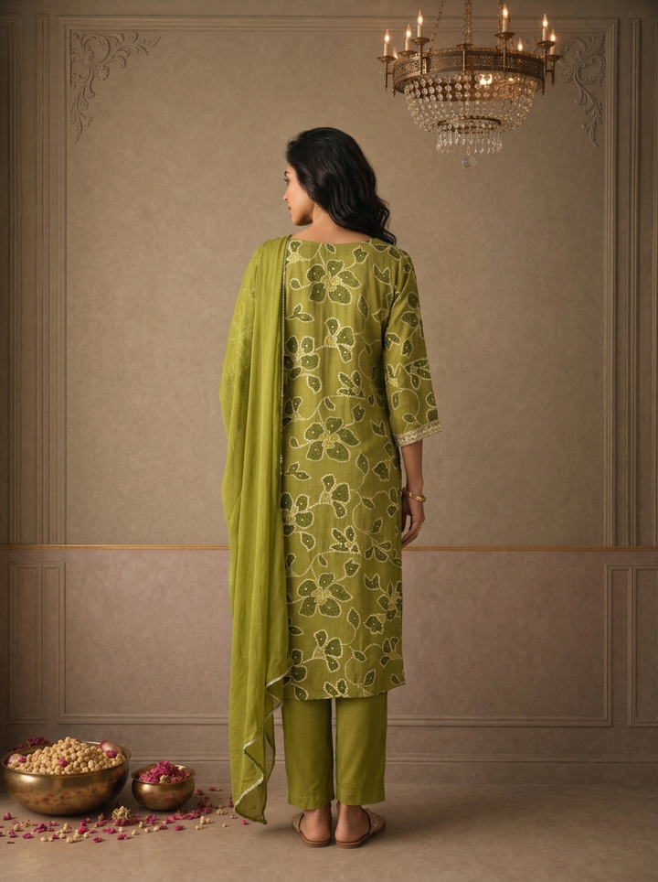 Mehadi Green Rayon Bandhani Floral Printed Three Piece Set