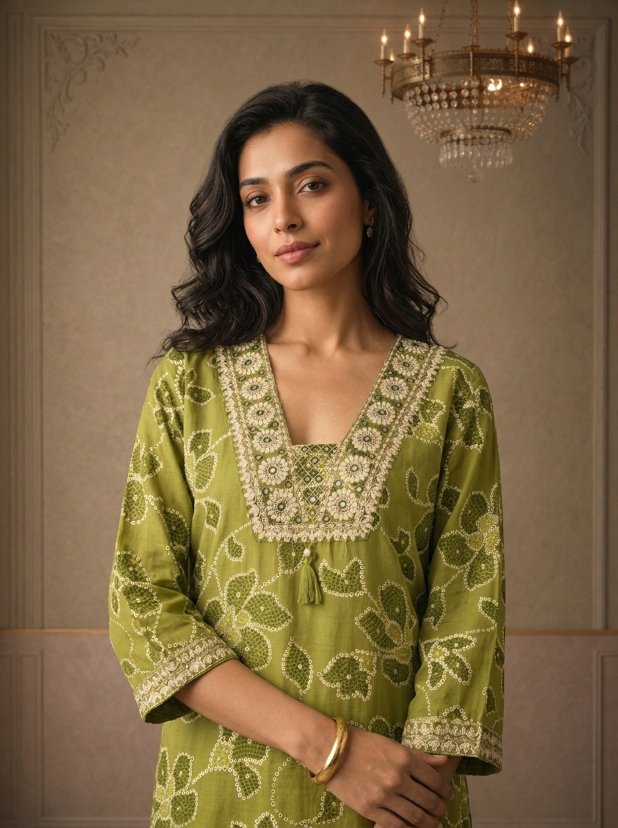 Mehadi Green Rayon Bandhani Floral Printed Three Piece Set