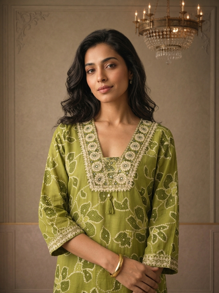 Mehadi Green Rayon Bandhani Floral Printed Three Piece Set