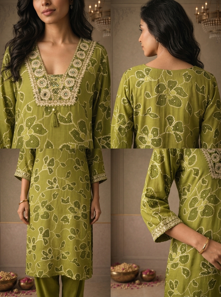 Mehadi Green Rayon Bandhani Floral Printed Three Piece Set
