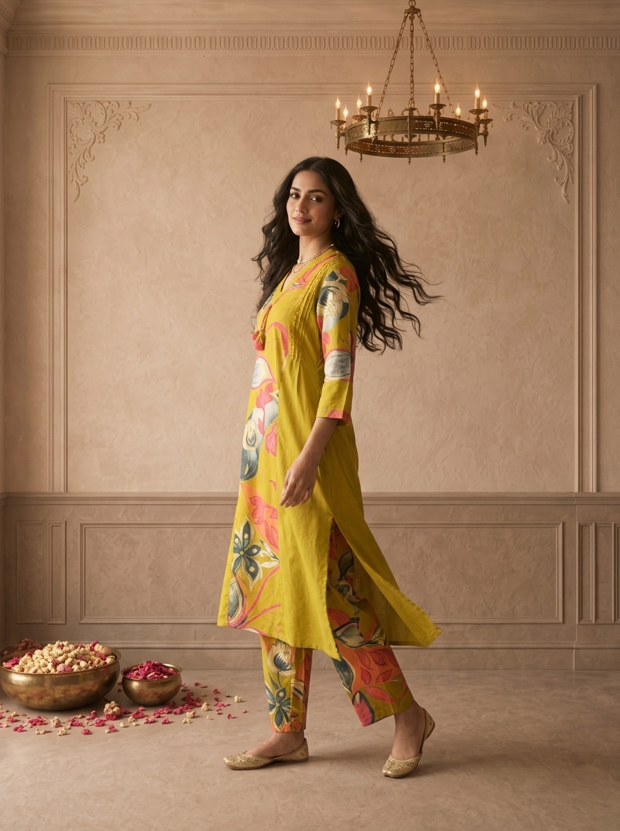 Green Cotton Tropical Floral Printed Two Piece Set