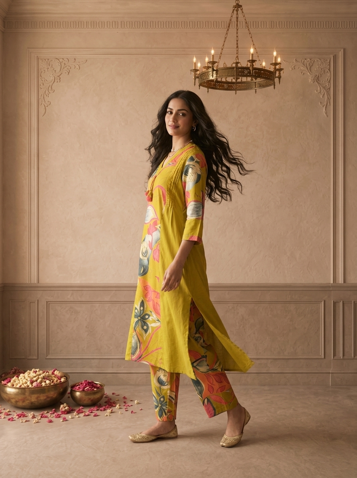 Green Cotton Tropical Floral Printed Two Piece Set