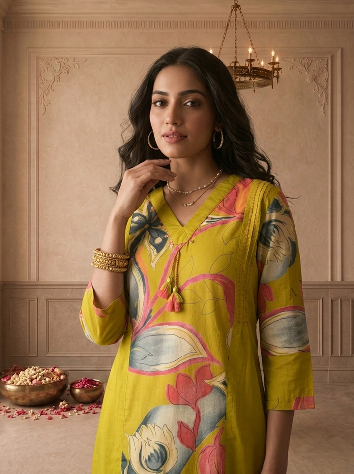 Green Cotton Tropical Floral Printed Two Piece Set