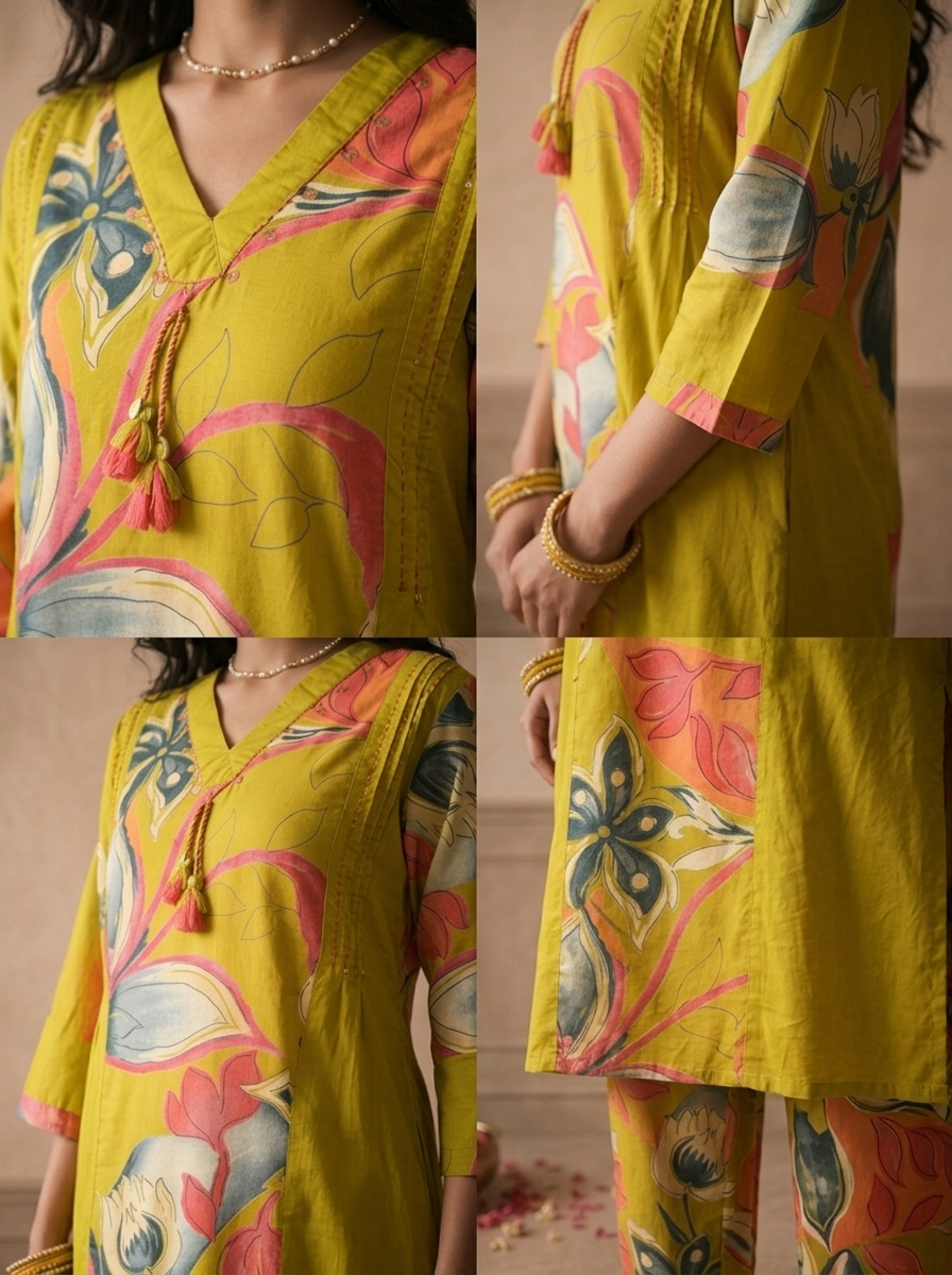 Green Cotton Tropical Floral Printed Two Piece Set