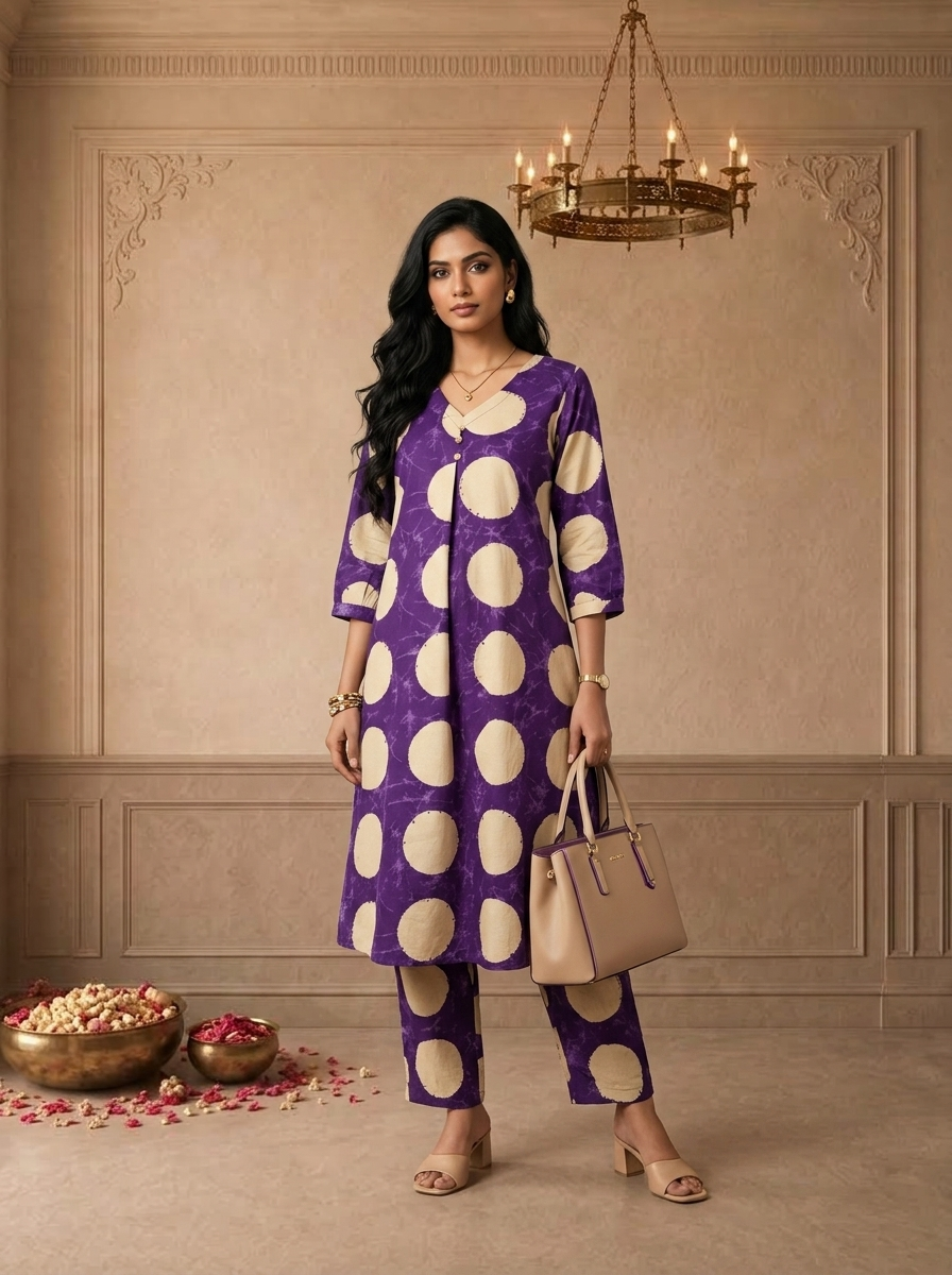 Purple Cotton Polka Dot Printed Two Piece Set