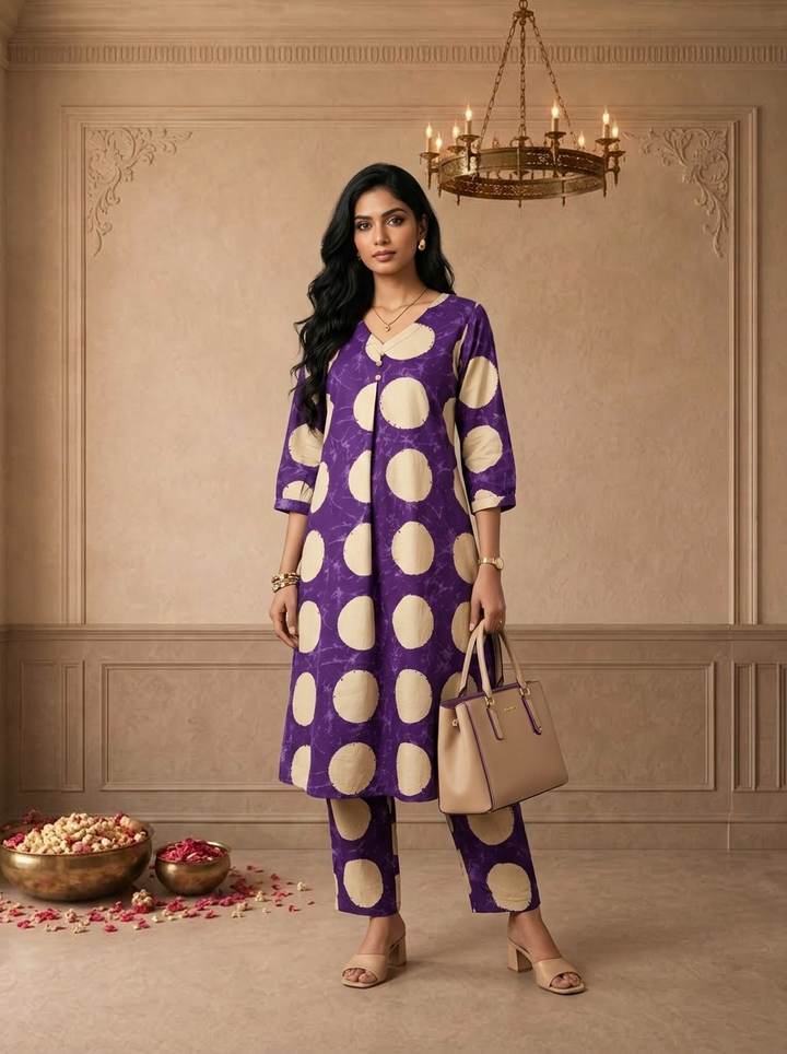 Purple Cotton Polka Dot Printed Two Piece Set