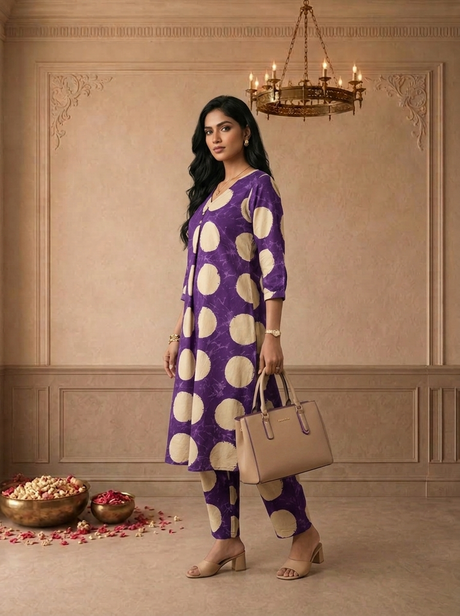 Purple Cotton Polka Dot Printed Two Piece Set